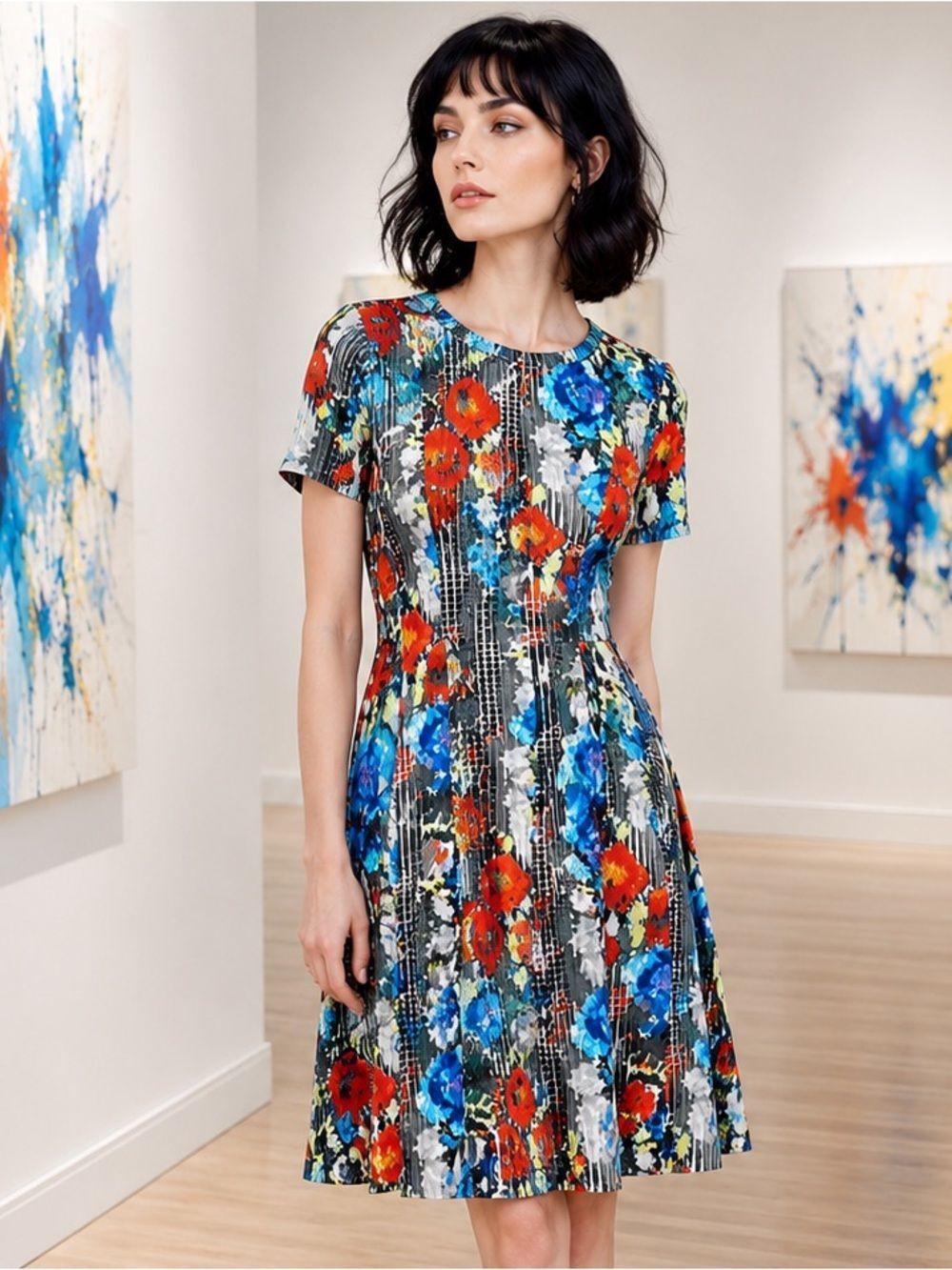 Catherine Malandrino Vondie Print Scuba Fit Flare Dress Pleated Floral 10